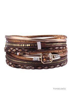 Leather Wrap Bracelet Boho Cuff Crystal Multi Strand Magnetic Clasp